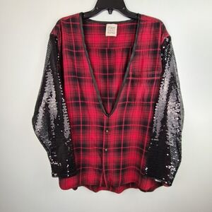 FURST OF A KIND Plaid Long Sequin Sleeve Plunging V-Neckline Pullover Cotton Top